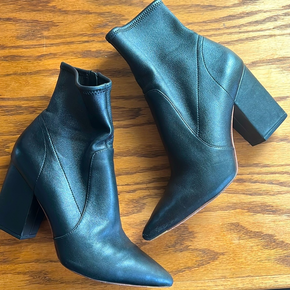 LOEFFLER RANDALL Isla Size 8 Ankle Block Heel Sock Boots Leather Point Toe